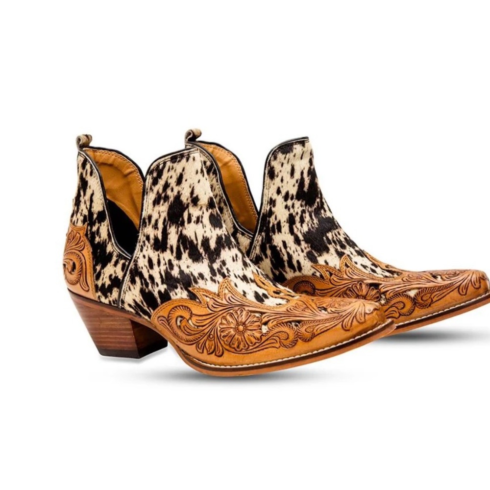 Myra Bag Tan Tooled Leather & Black White Cowhide Western Ankle Booties